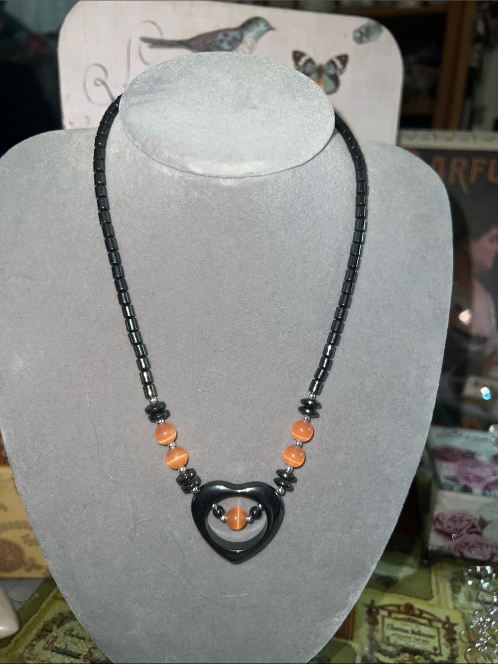 Women's Black & Orange Heart Pendant Beaded Necklace